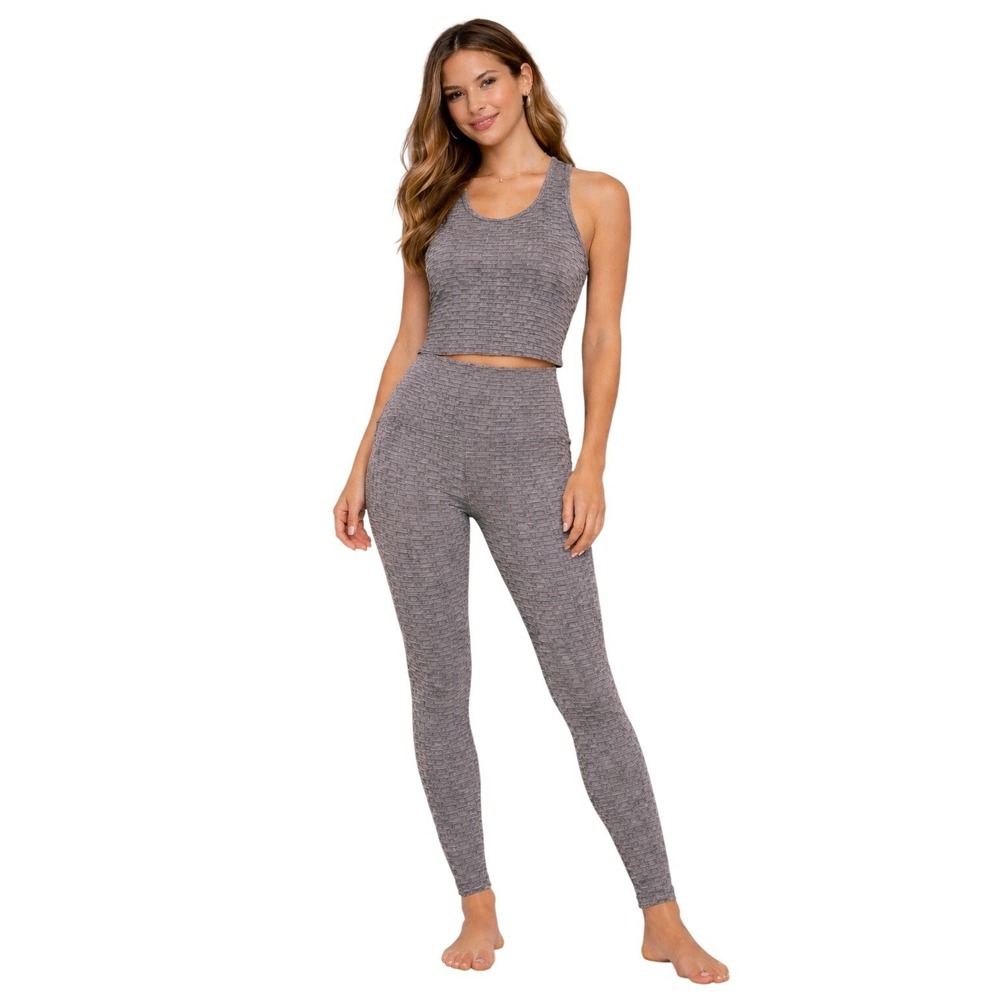 Women Charcoal Gray Honeycomb Textured Activewear Set Tank Leggings Size S